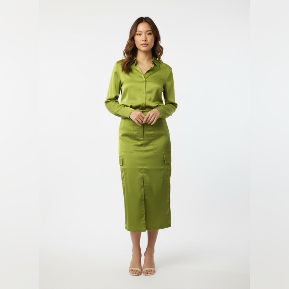 House of Harlow 1960 Satin Cargo Midi Skirt in Olive Green Sz XS